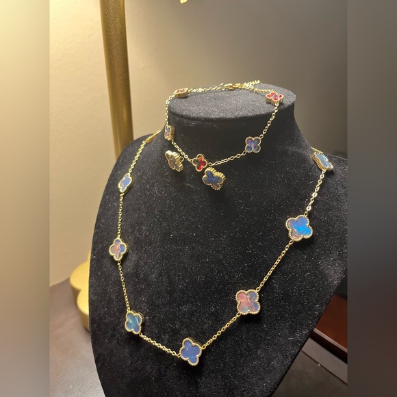 Fashion Jewelry Gold Necklace with Blue and Red Accents - Picture 2 of 10
